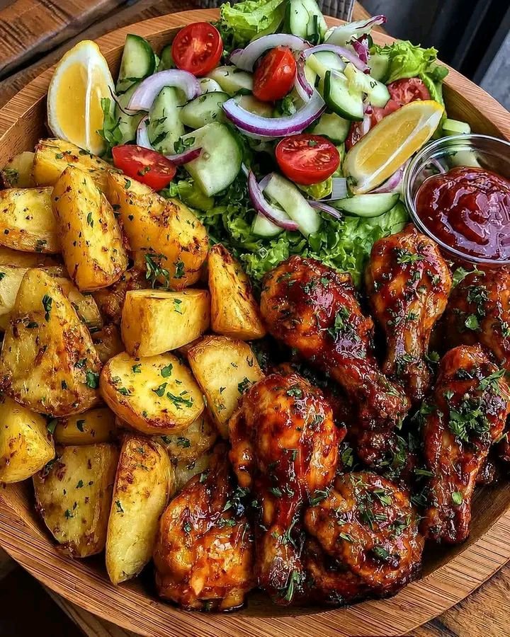 Ultimate Sticky BBQ Chicken Drumsticks with Crispy Potatoes & Fresh Garden Salad 