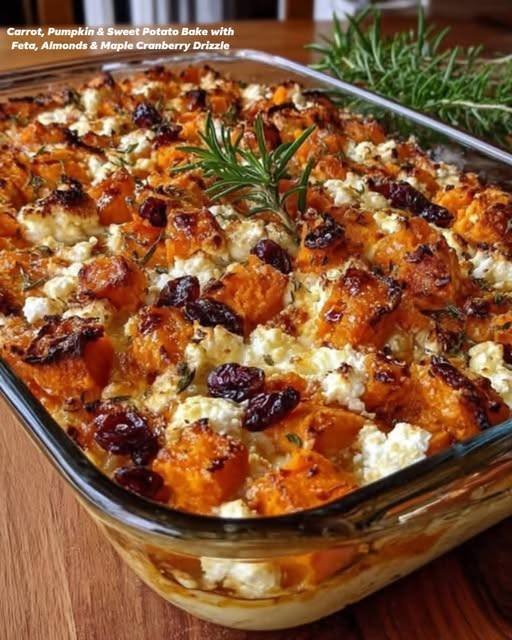 Carrot, Pumpkin & Sweet Potato Bake with Feta, Almonds and Maple Cranberry Drizzle