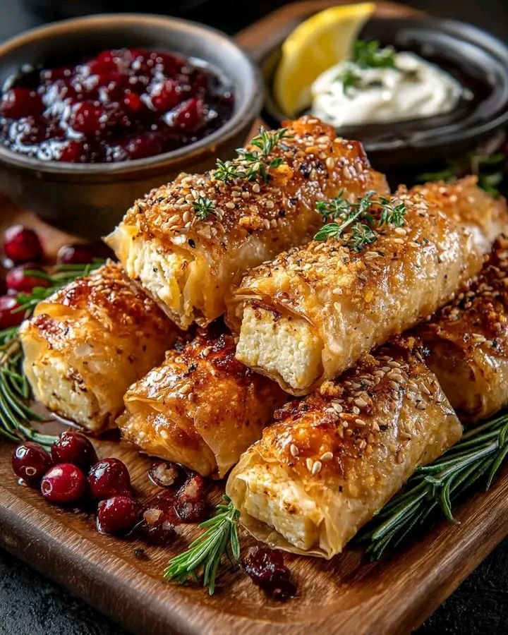 Golden Baked Feta Rolls with Sweet Cranberry Honey