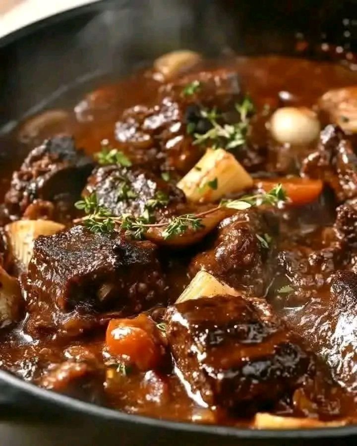 Rustic Red Wine Beef Bourguignon Rigatoni Bake with Garlic Mushrooms and Golden Cheese Crust