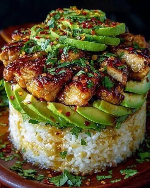 Crispy Glazed Chicken and Avocado Rice Tower