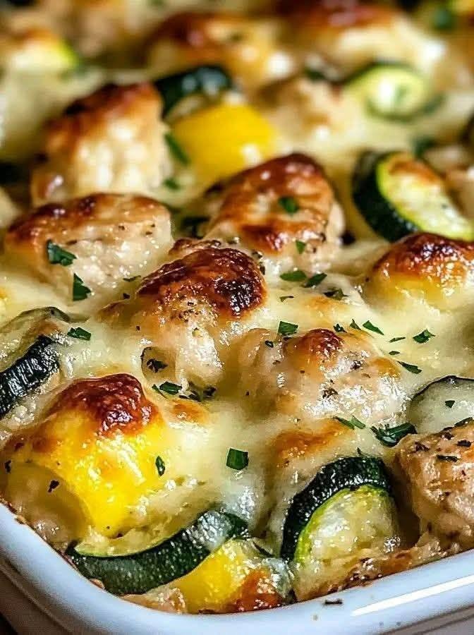 Creamy Garlic Herb Chicken Bake with Zucchini, Roasted Tomatoes, and Golden Parmesan Crust
