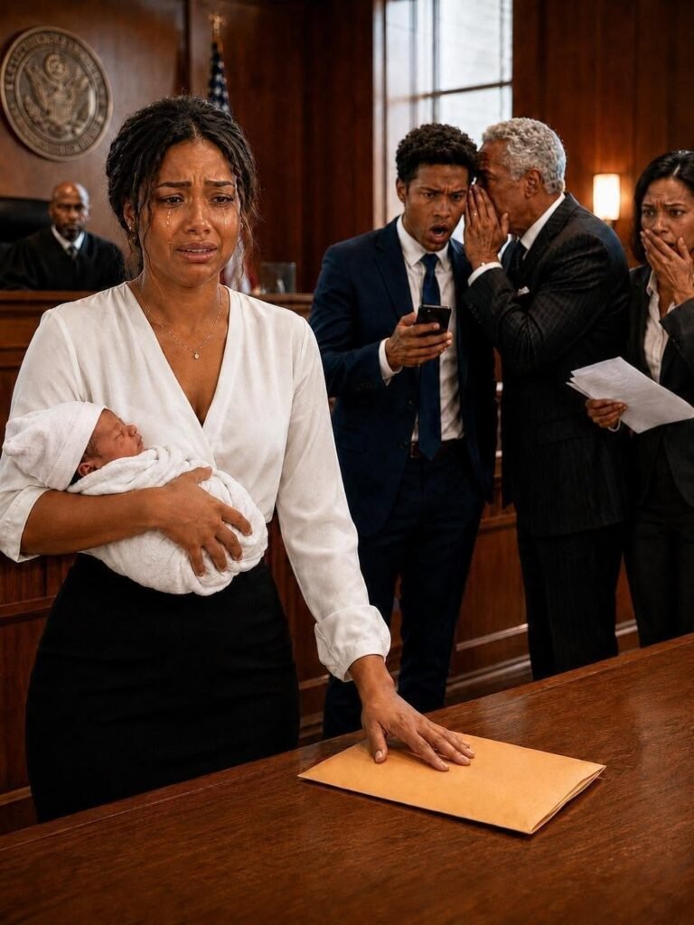 I showed up to my divorce hearing carrying my 12-day-old baby girl, only to discover my husband was trying to take away the very home meant for her while his mistress sat proudly at his side When he leaned back and said, “Sign and leave,” I calmly reached into my purse, pulled out an envelope of paperwork, and watched everything begin to unravel after a single phone call reached his lawyer.