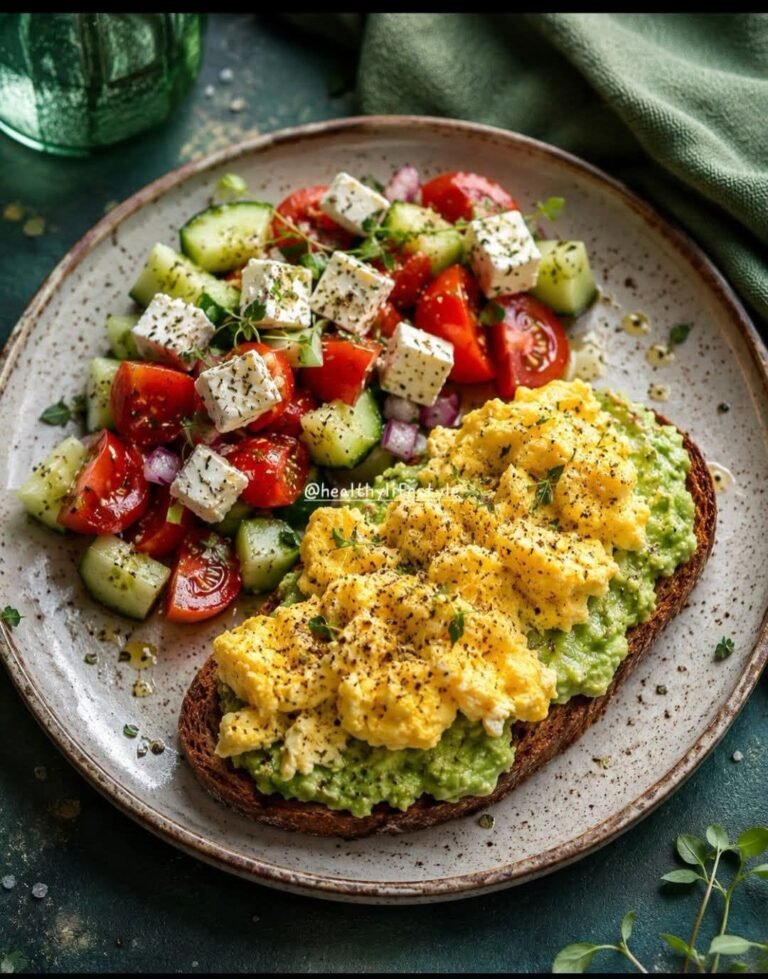  Avocado Scramble Toast & Greek Salad 