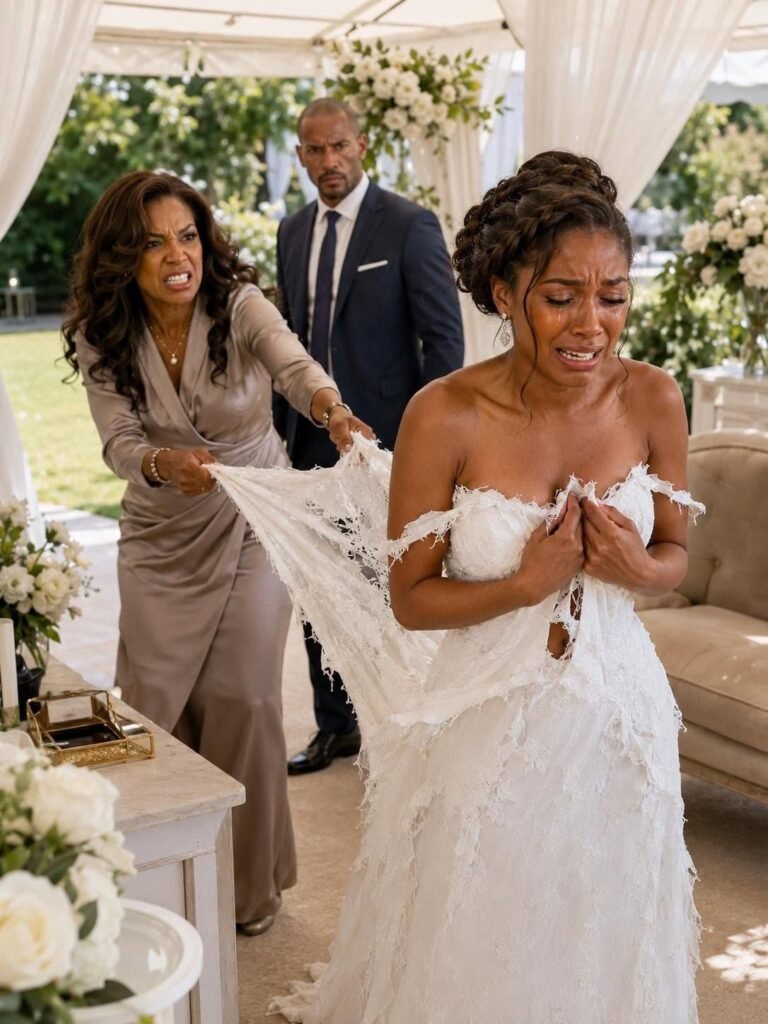 When my mother-in-law tore my white dress in the middle of my kitchen, she screamed, “My son pays for everything in this house!” My husband stood beside her and said nothing.