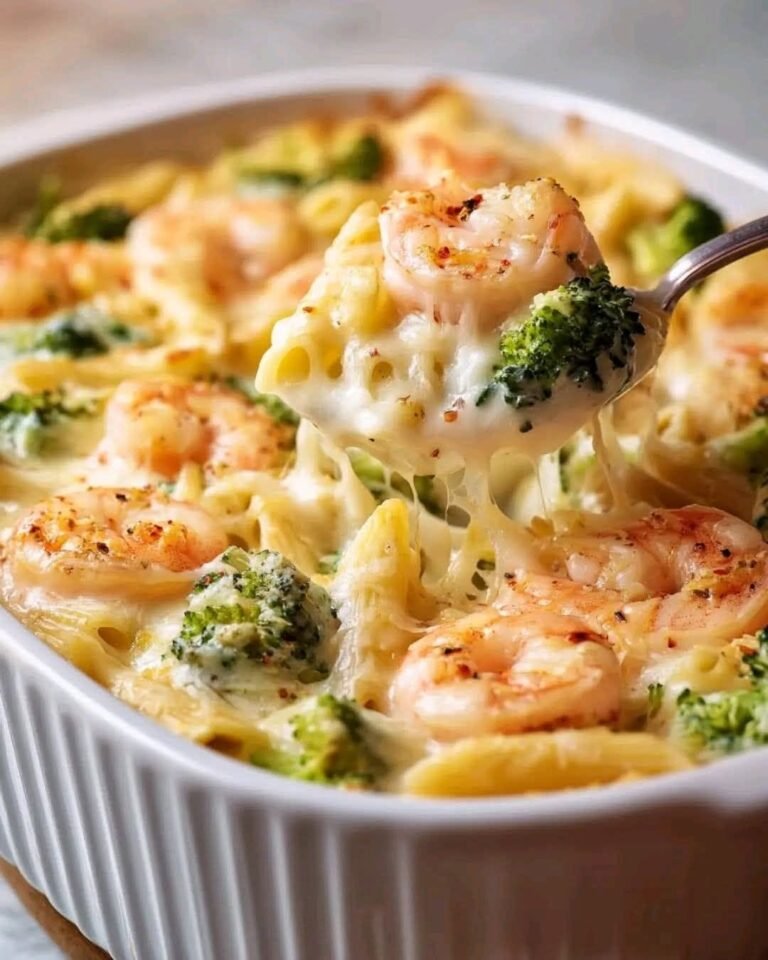 Creamy Garlic Shrimp Broccoli Pasta Bake 