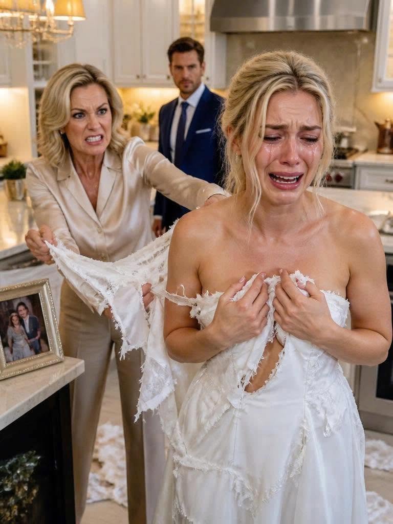 When my mother-in-law tore my white dress in the middle of my kitchen, she screamed, “My son pays for everything in this house!” My husband stood beside her and said nothing.