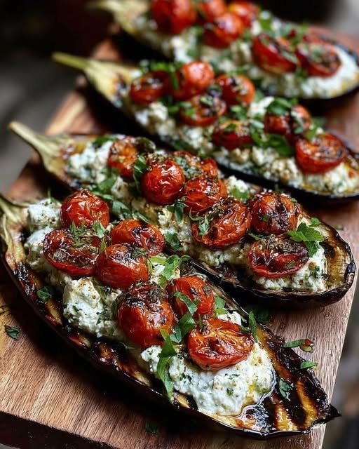 Roasted Eggplant Boats with Herbed Ricotta & Cherry Tomatoes