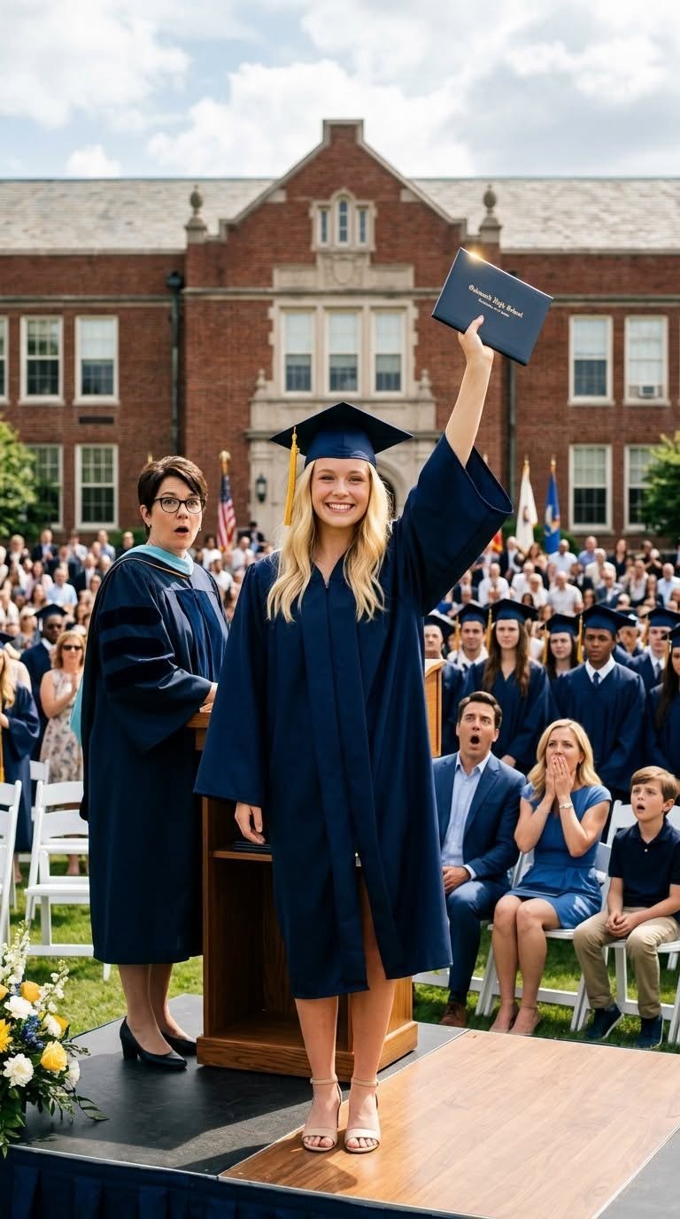 At my own graduation, my father sla:pped me so hard my cap hit the floor, then hurled my diploma into the campus fountain. “You’re having a psychological episode!” he spat, while my mother screamed, “She’s off her medication!” Everyone stared, waiting for me to break. But I didn’t cry. I looked up at the 40-foot LED screen behind the stage, smiled at the cameras, and said, “Good. Now you’ll all see the truth.” What I projected next destroyed them.