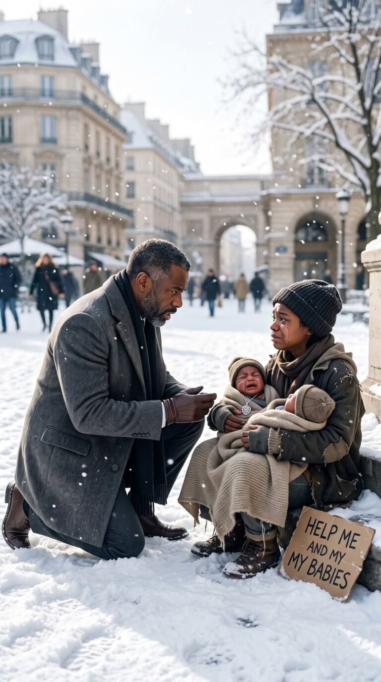“Will you keep one?” the street girl whispered through her tears. A billionaire froze, staring at the two shivering babies she held. His heart stopped as he noticed the silver hospital bracelets still on their tiny wrists. Trembling, he realized these were his newborn twins, kidnapped just two days ago…