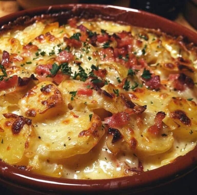These indulgent and flavorful potatoes au gratin, cheddar cheese, and crispy bacon