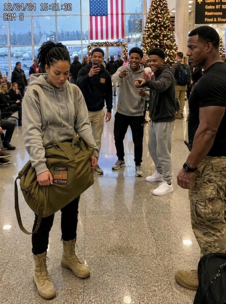 A SEAL saluted her in the airport, then whispered, “You brought my brother home.” I didn’t even know his name. But the Christmas Eve patch on my duffel bag told him everything. Now three kids who mocked her are frozen, and the whole terminal is watching. Who is she?