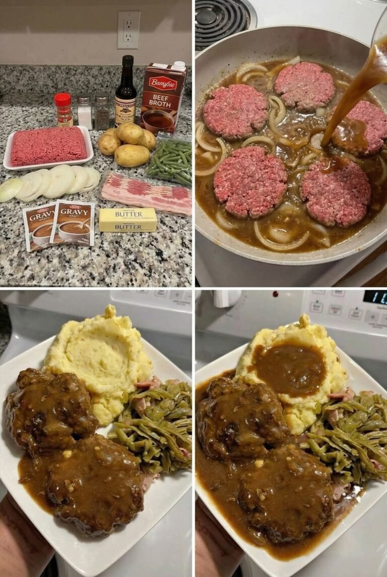 Quick comfort meal tonight: Salisbury steak with onion gravy. Rich, savory, and perfect with mashed potatoes.
