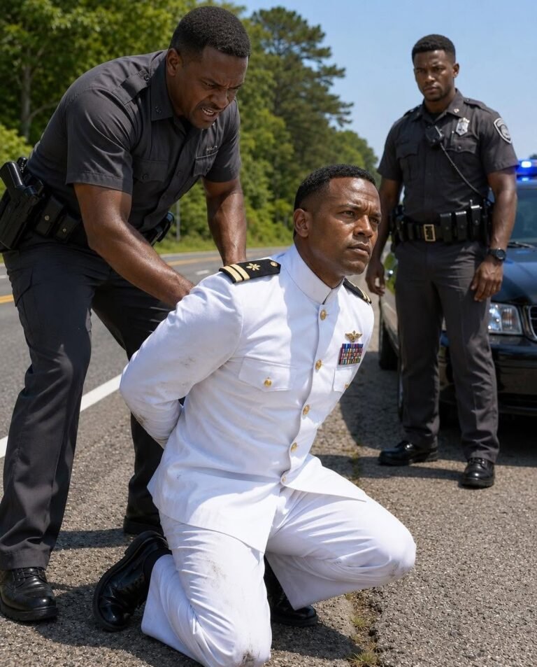 A County Officer Used A T@ser-Style Device While Both Of My Hands Were Raised, Then Mocked Me Like My Uniform Meant Nothing. He Thought I Was Just Playing Hero, Until One Call Brought Naval Command To His Station. The first thing I felt was not fear. It was the electric shock locking itself between my shoulder blades while both of my hands were still raised in the air, fingers spread beneath the bright glare of the patrol lights. My knees struck the pavement hard enough to tear the pressed crease of my dress uniform trousers, and the left side of my face scraped against the shoulder of Route 17 outside Norfolk. Someone chuckled above me. “You reaching for something, hero?” the officer asked. My name is Commander Elias Grant, United States Navy, assigned to Naval Logistics Command near Norfolk, Virginia. I was forty-three years old that night, old enough to know that most dangerous moments do not begin with gunfire or shouting. They begin when someone with authority decides the story before the facts have finished arriving. I had spent my adult life learning how to remain still while armed men made emotional choices. I had done it on ships, in ports, in briefing rooms, and in foreign cities where a single wrong movement could turn misunderstanding into a casualty report. That night, I was driving back to base in my white service dress uniform after an official command reception, carrying a sealed Department of Defense transfer case that should never have been separated from me, much less brought into a county booking room. Officer Ray Maddox did not know that. Or he simply did not care. He had pulled me over on a dark stretch of highway where the trees leaned close to the shoulder and the nearest gas station light looked half a mile away. Behind him, his younger partner, Officer Caleb Norris, stood near the patrol car with one hand resting uneasily on his belt and the expression of a man watching something go wrong in slow motion. “Officer,” I said from the ground, my teeth clenched against the aftershock, “I complied with every instruction you gave.” Maddox stepped close enough that his boot landed beside my ribs. “You moved toward your waistband.” “I adjusted my uniform jacket. My hands were visible.” “You do not get to tell me what I saw.” I turned my head far enough to see Norris staring at the taser wires still attached to my back. “Ray,” Norris said quietly, “his hands were up.” Maddox spun on him. “Keep your mouth shut.” Then he dropped one knee into my shoulder and twisted my wrists behind my back. Pain tore through the numbness. The cuffs snapped tight across the tendons. “You are detaining a commissioned officer on federal duty,” I said. “Call your supervisor and contact base security.” Maddox leaned close, breath hot with anger and coffee. “Out here, that costume does not impress me.” Costume. I looked at the white sleeve grinding into highway dust, at the ribbons pinned over my chest, at the gold buttons reflecting his patrol lights. I thought of the men and women whose folded flags had crossed my hands over the years, people who had worn uniforms more bravely than I ever could. I thought of how easily dignity can be dragged into the dirt by someone determined not to recognize it. “I am requesting legal counsel,” I said. “You can make a call after intake.” He hauled me up by the cuffs. My shoulder burned. Norris stepped forward as if to help, but Maddox shoved him back with one arm. “You want to ride with him?” Norris lowered his gaze. At the county station, they placed me in a holding room still wearing my torn, dirty uniform. Maddox dumped my belongings onto a metal table: wallet, military ID, phone, keys, command pass. Then he lifted the sealed black transfer case from the evidence bag and set it in front of me. “Look at this,” he said. “Fancy little briefcase.” “Do not open that.” He smiled. “Or what?” Every instinct in my body wanted me to stand. Every year of training told me to remain seated. “That case is federally sealed,” I said. “Call base security.” Maddox tapped two fingers against the lock. “Maybe after I find out what you are hiding.” Norris appeared in the doorway, pale and tense. “Officer Maddox, Commander Grant requested a phone call.” Maddox glared at him. “You running the shift now, rookie?” “No, sir,” Norris said. “I am following policy.” For the first time, Maddox hesitated. Then he shoved my phone across the table. “One call. Speaker on.” I dialed a number from memory. Not my attorney. Not my wife. Not my commanding officer’s office line. A voice answered on the first ring. “Naval Security Operations.” I looked directly at Maddox. “This is Commander Elias Grant. Authentication code Hawthorne Six. I have been assaulted, unlawfully detained, and separated from a sealed federal transfer case. Initiate immediate recovery protocol.” The line went silent for half a second. Then the voice changed. “Commander, remain where you are. Naval command is assuming response control.” Maddox laughed as though the words had bounced off him. “Naval command is assuming response control?” he repeated. “You hear yourself?” Norris did not laugh. He stared at the phone, then at the transfer case, then at me. The room had become very small around the consequences gathering inside it. “Ray,” Norris said, barely above a whisper, “maybe we should stop.” Maddox grabbed the phone and ended the call. I kept my voice even. “That was a mistake.” “No,” he said. “Your mistake was thinking the uniform makes you untouchable.” I looked at my reflection in the one-way glass, at the dirt on my cheek, the cut near my eyebrow, the cuffs still on my wrists because Maddox enjoyed seeing them there. “Untouchable?” I said. “No. Accountable? Yes. That applies to every one of us.” (I know you’re all very curious about the next part, so if you want to read more, please leave a “YES” comment below!)